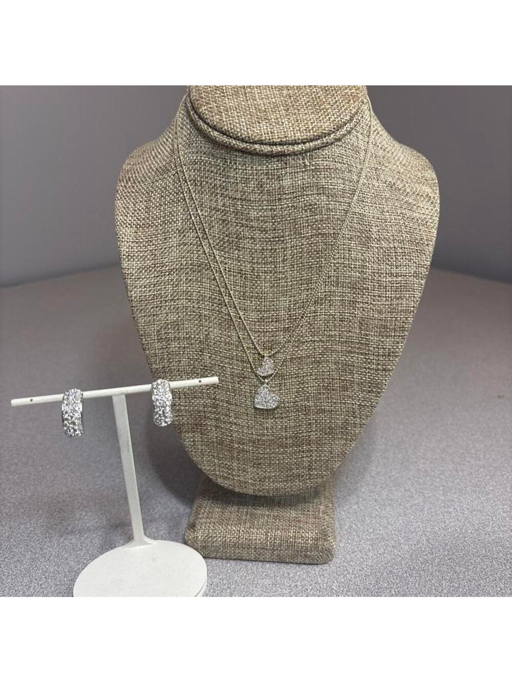 Double Layered Silver Heart Rhinestone Necklace and rhinestone Hoop Earrings